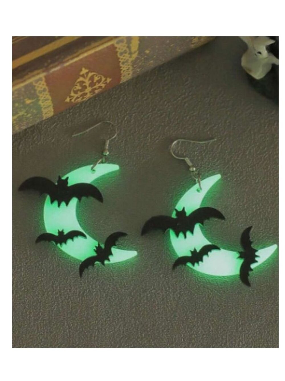 Halloween Crescent Moon Bat Glow Earrings